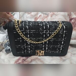 BAGLEY MISHKA Black and Gold Tweed Chain Shoulder Bag